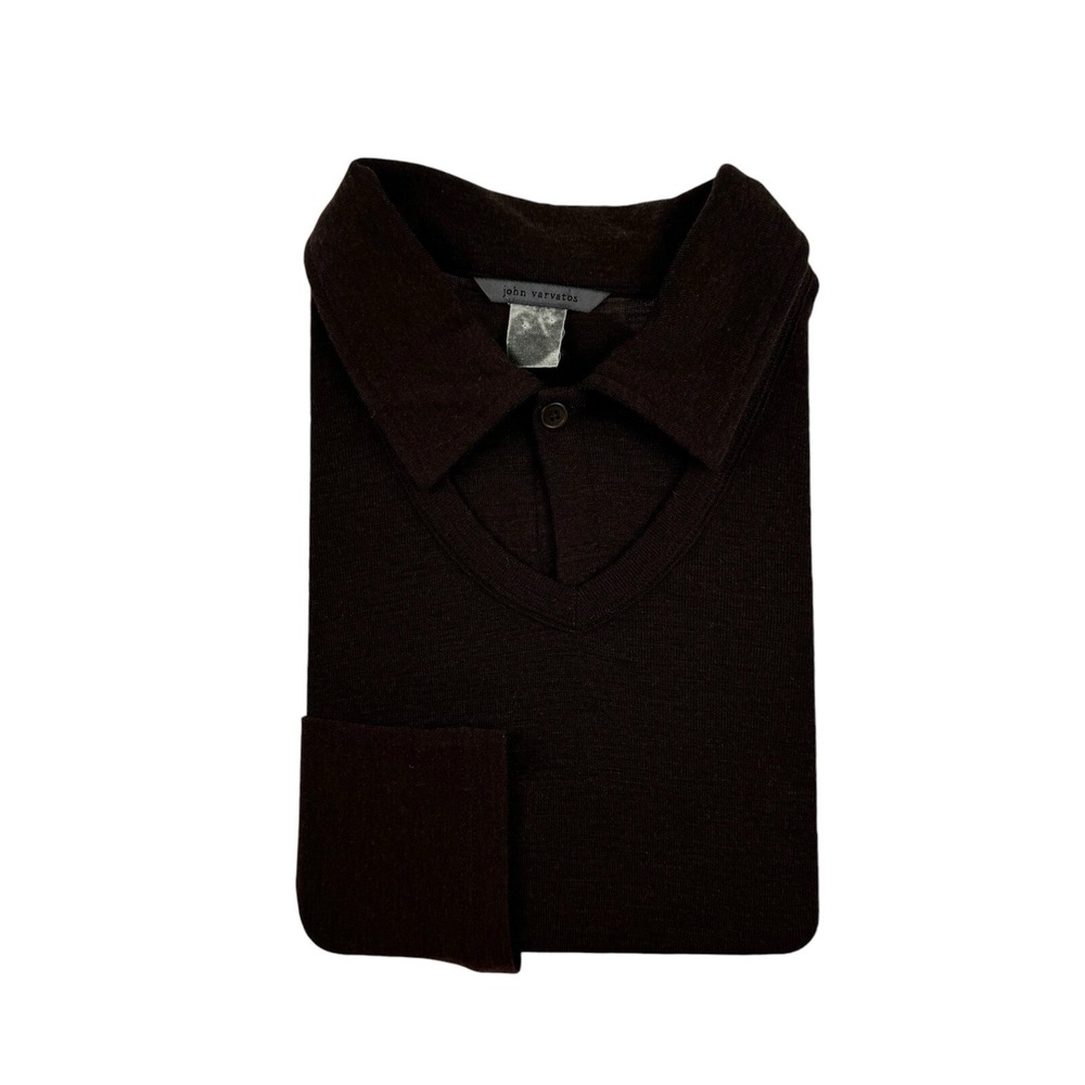 John Varvatos Deep Brown Pure Wool Mens L/S Jumper Polo Sweater Size XL